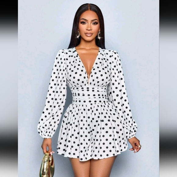 Women's Elegant Polka Dot Print Deep V-Neck Waist Cinched